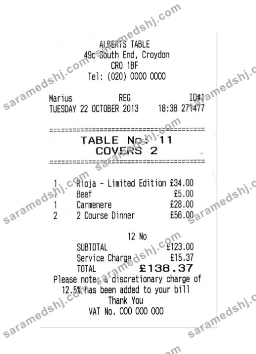ALBERTS TABLE payment check